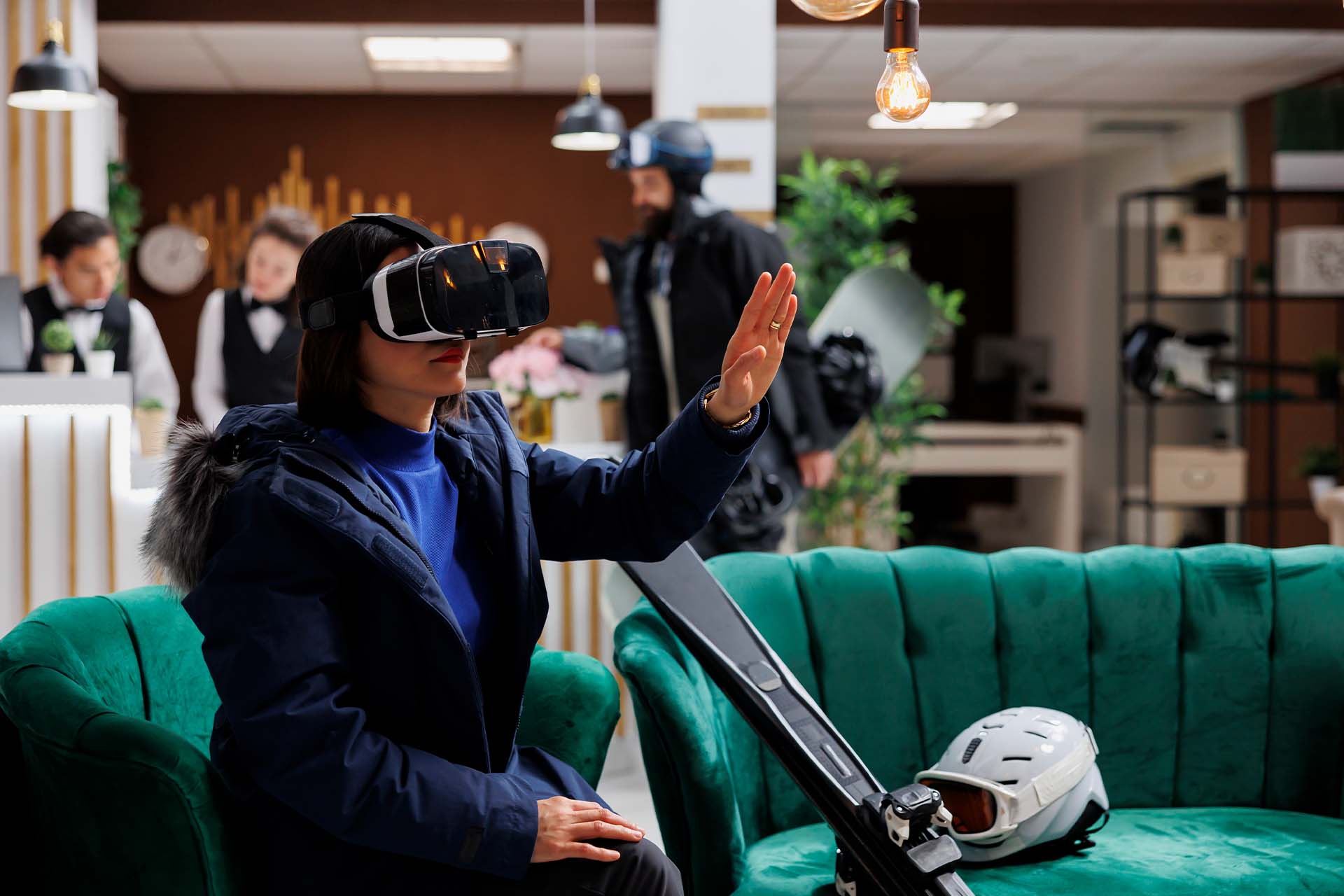 An immersive virtual environment depicted through the lens of a VR headset, highlighting the therapeutic use of virtual reality
